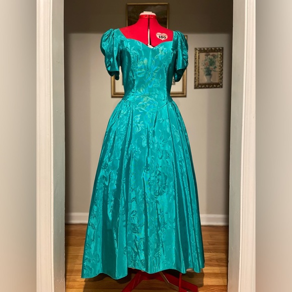 Vintage Dresses & Skirts - Teal 80s VTG Satin Floral Open Back Bow Party Dress Full Length High-Low Hem